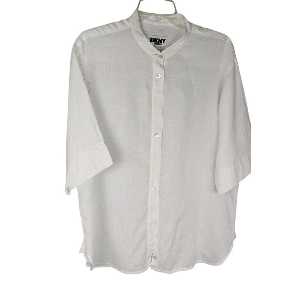 DKNY JEANS 100% Linen Drop Shoulder White sz M but oversized Bust 46"Hong Kong